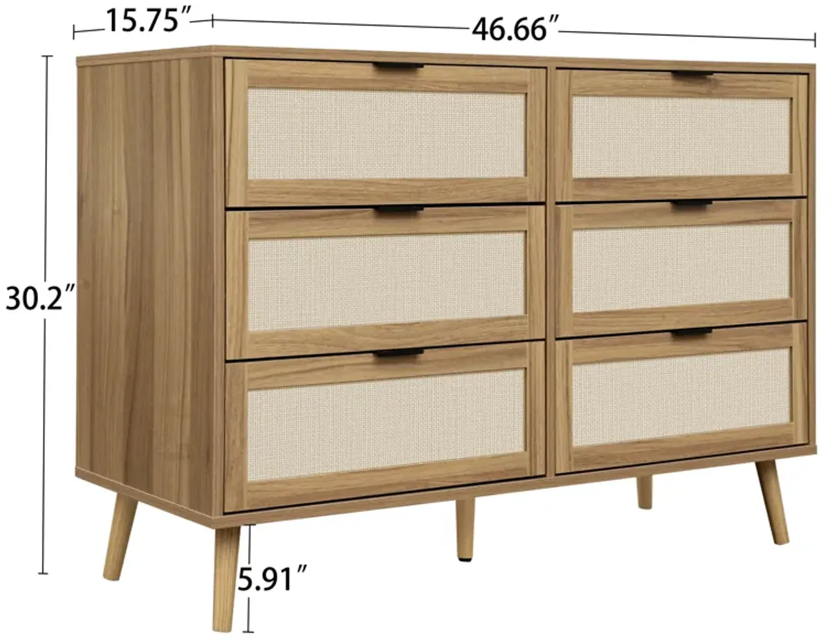 MONDAWE 6 Drawer Boho Wood Dressers for Bedroom, Modern Farmhouse Chest of Drawers , Storage Cabinet for Living Room, Hallway