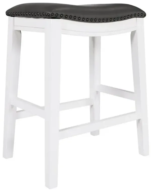 Ani 25 Inch Counter Stool Set of 2, Gray Faux Leather, Saddle Seat, White - Benzara