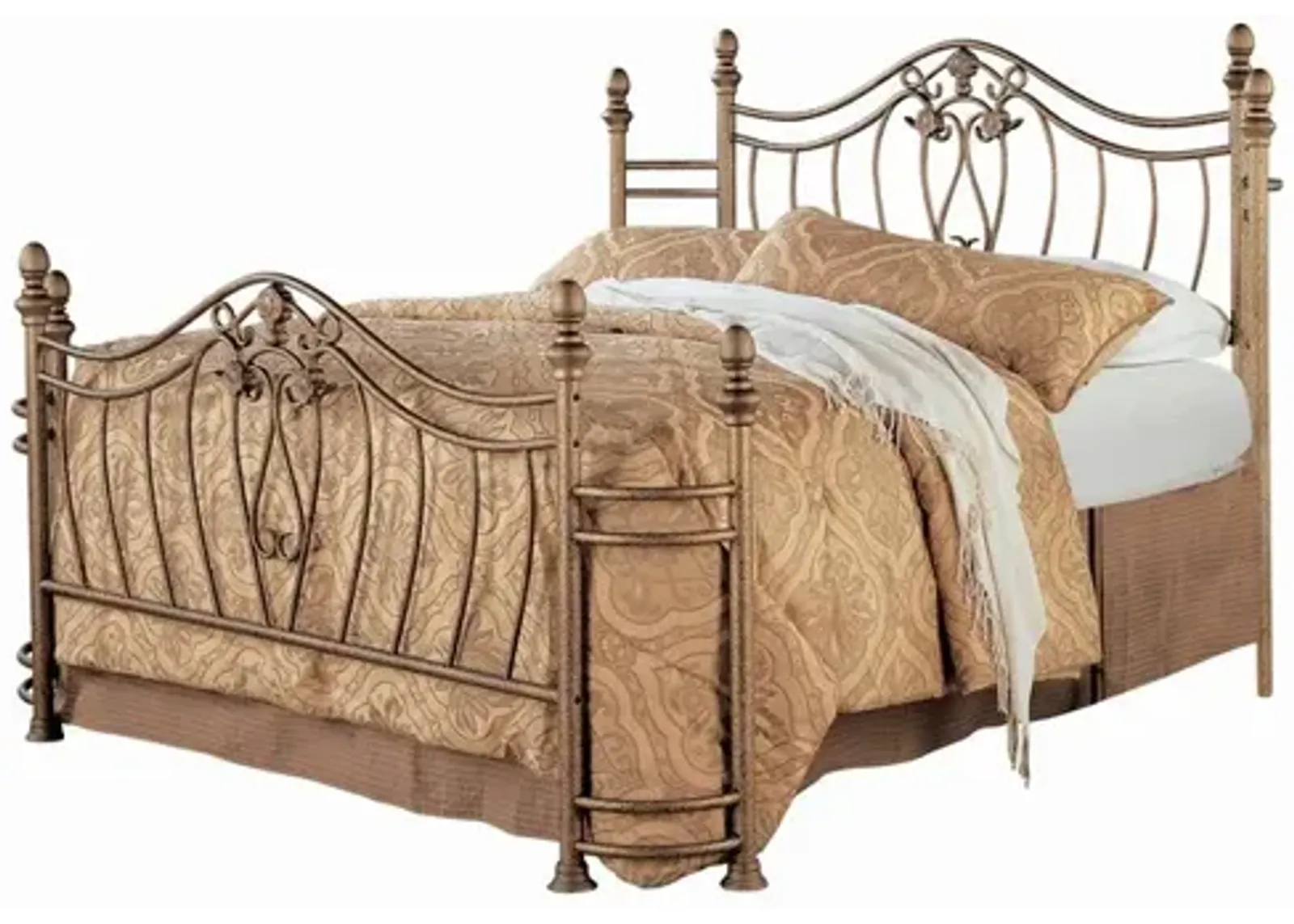 Metal Queen Headboard and Footboard with Swirling Floral Motifs, Antique Gold - Benzara