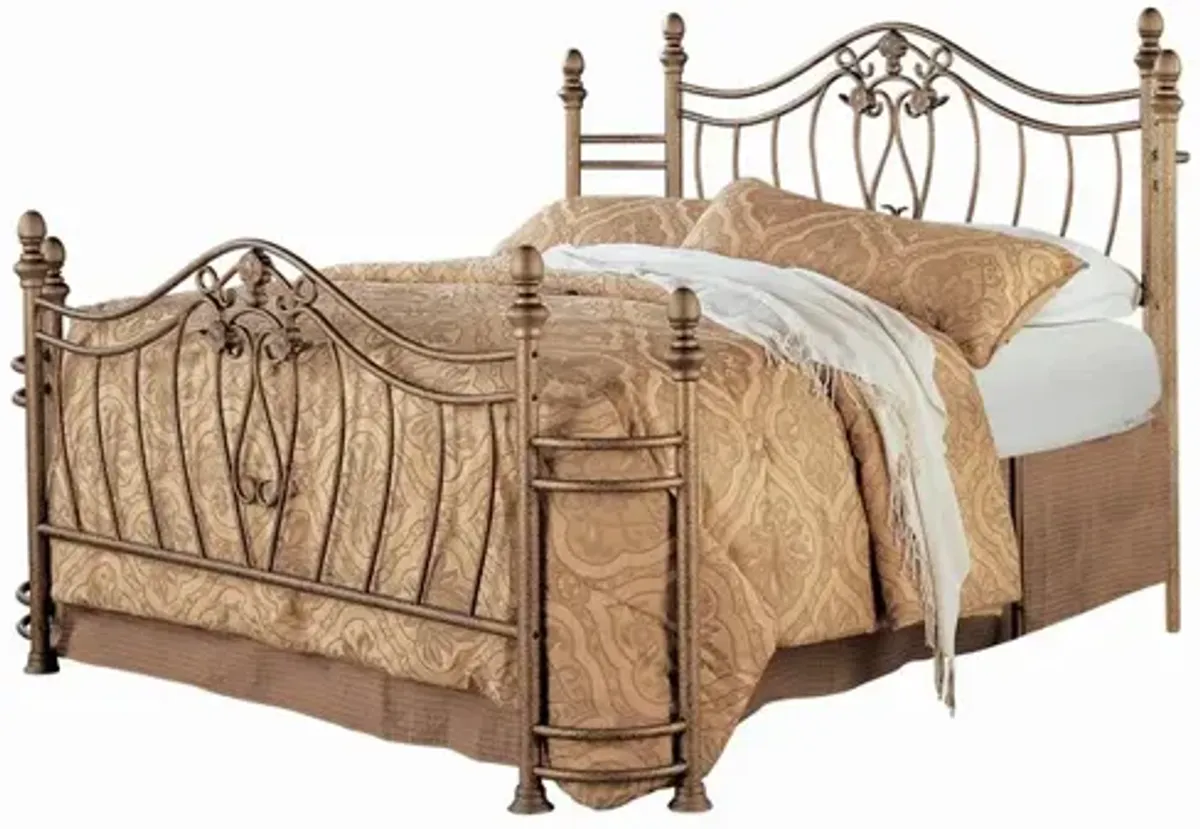 Metal Queen Headboard and Footboard with Swirling Floral Motifs, Antique Gold - Benzara