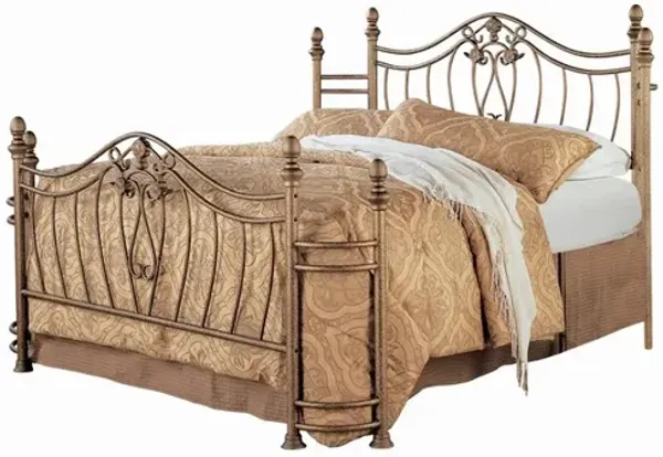 Metal Queen Headboard and Footboard with Swirling Floral Motifs, Antique Gold - Benzara