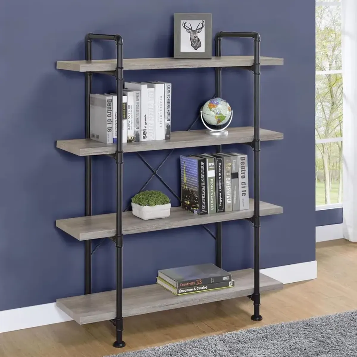 Delray 4-tier Open Shelving Bookcase Grey Driftwood and Black