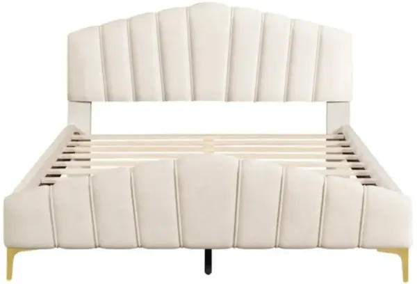 Velvet Platform Bed with Striped Headboard and Metal Legs