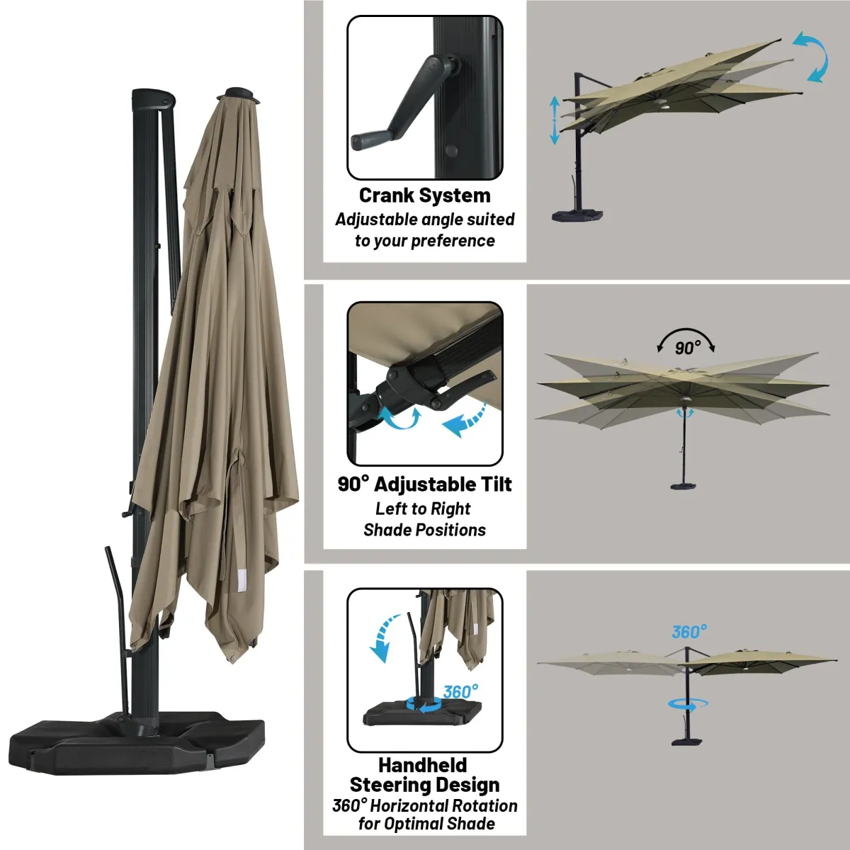 10x13 ft. 360 Rotable Cantilever Patio Umbrella with BaseandBT in Taupe