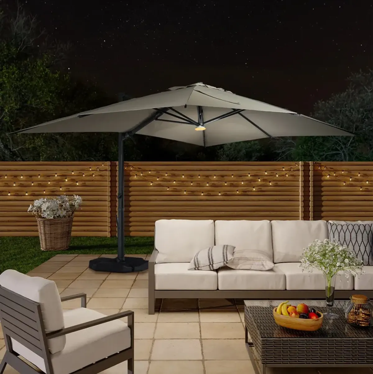 10x13 ft. 360 Rotable Cantilever Patio Umbrella with BaseandBT in Taupe