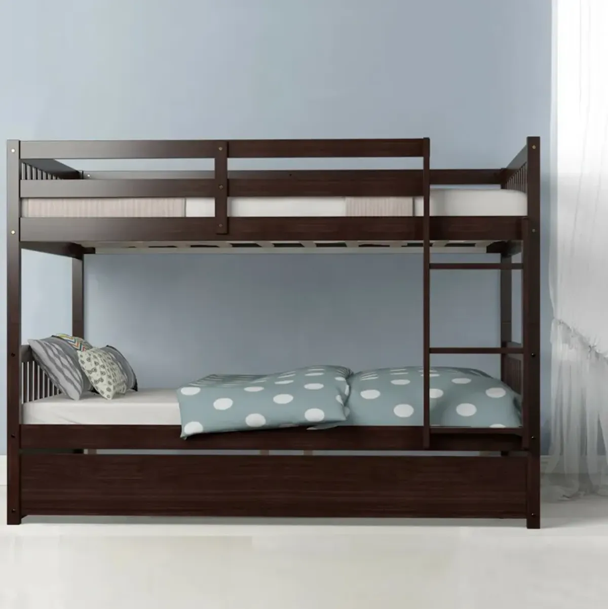 Full over Full Bunk Bed Platform Wood Bed with Ladder