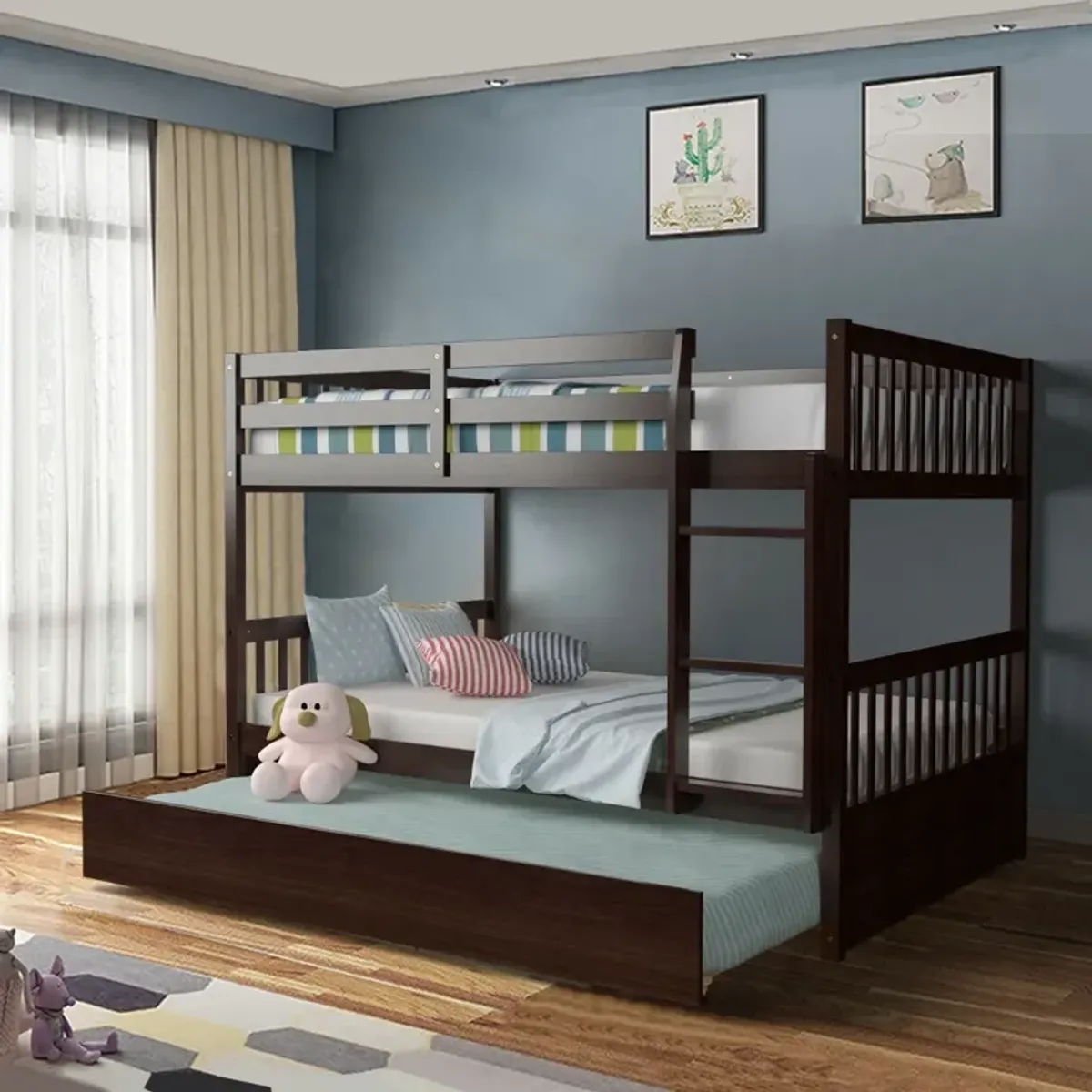 Full over Full Bunk Bed Platform Wood Bed with Ladder