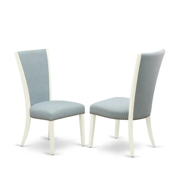 East West Furniture - Set of 2 - Dining Chair- Upholstered Chair Includes Linen White Hardwood Structure with Baby Blue Linen Fabric Seat with Nail Head and Stylish Back