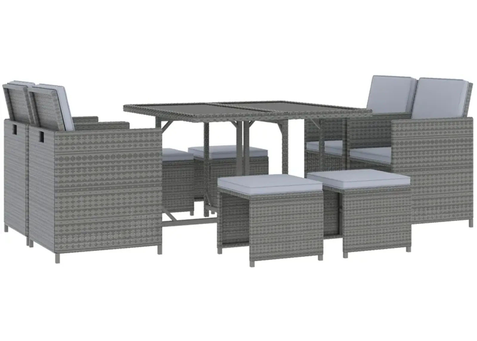 Grey Outdoor Dining: 9-Piece Rattan Wicker Set with Cushioned Chairs