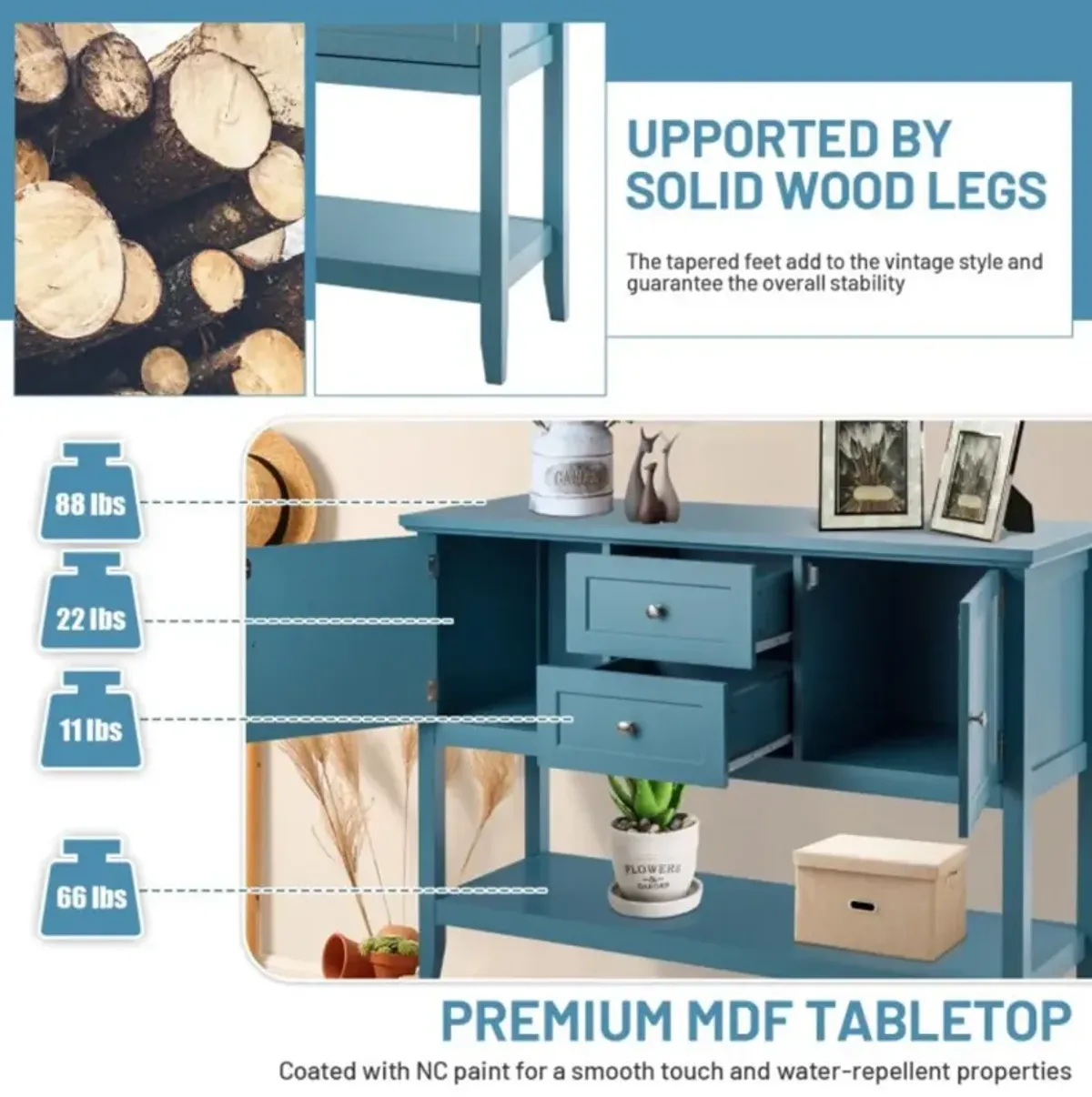 Hivvago Wooden Sideboard Buffet Console Table with Drawers and Storage