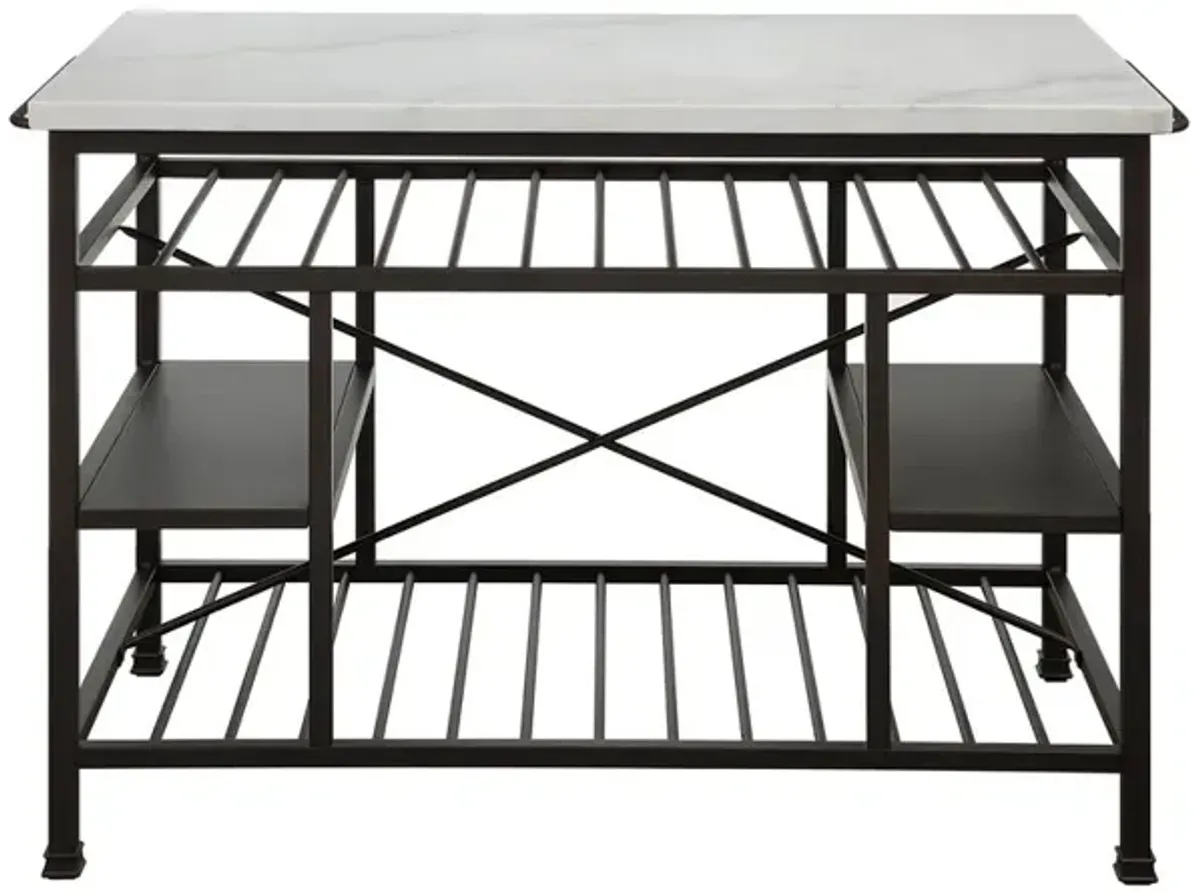 Marble Top Metal Kitchen Island with 2 Slated Shelves, Brown and White - Benzara