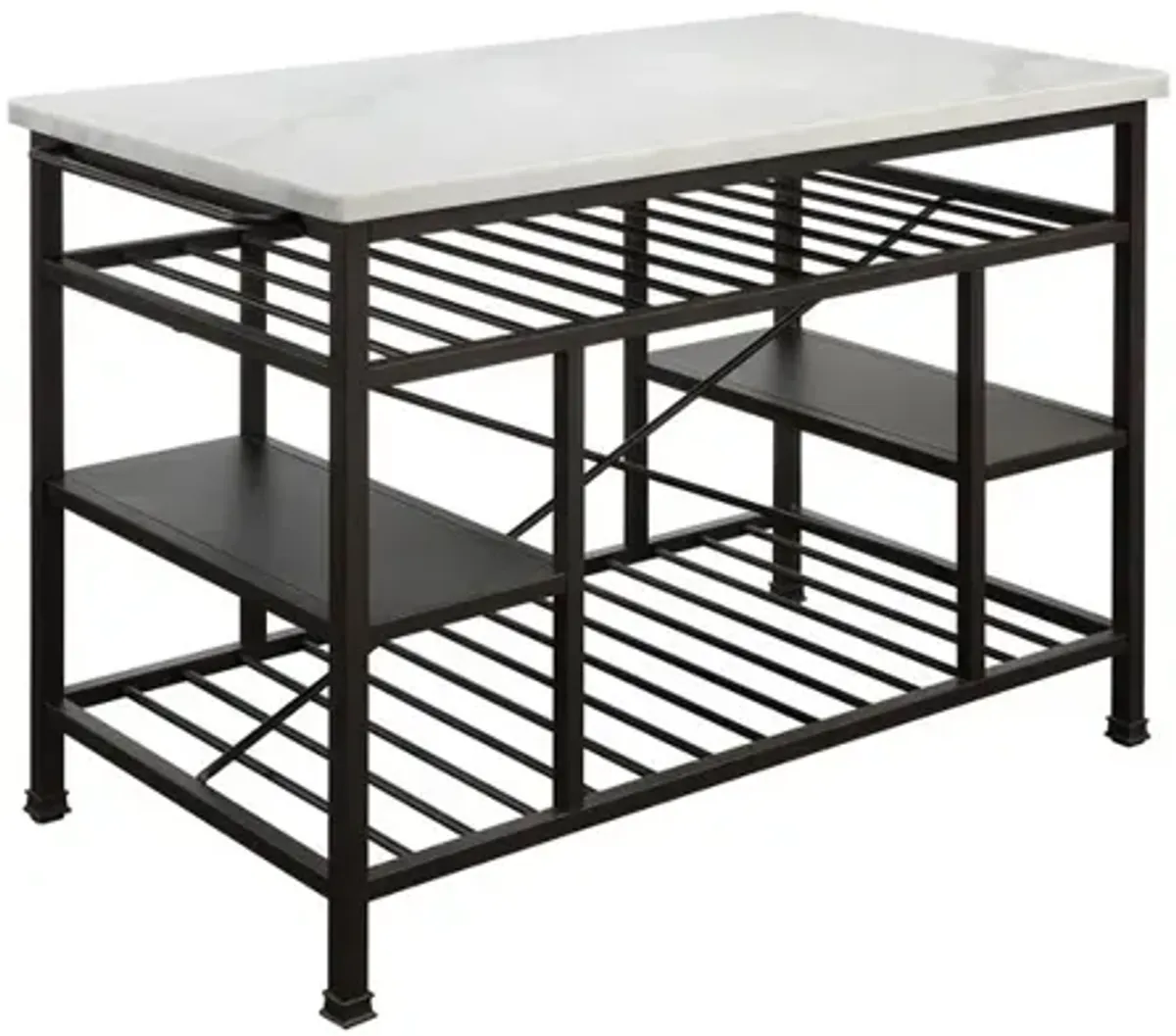 Marble Top Metal Kitchen Island with 2 Slated Shelves, Brown and White - Benzara