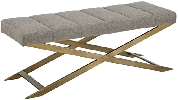 Cid Shia 47 Inch Accent Bench, Tufted Gray, X Shape Brushed Brass Legs - Benzara