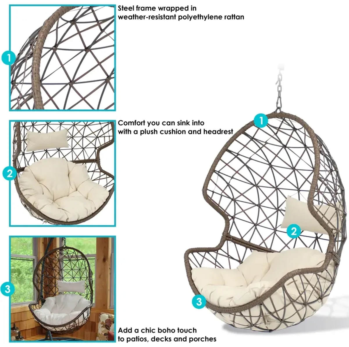 Sunnydaze Brown Resin Wicker Basket Hanging Egg Chair with Cushions