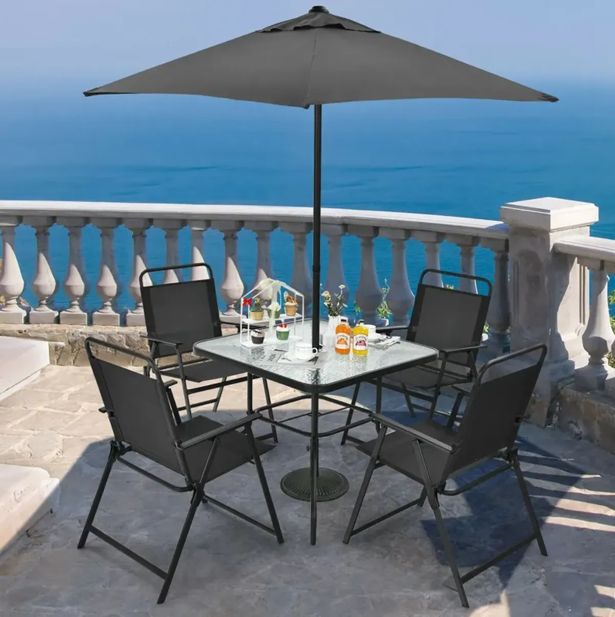 6 Pieces Patio Dining Set with Umbrella-Gray