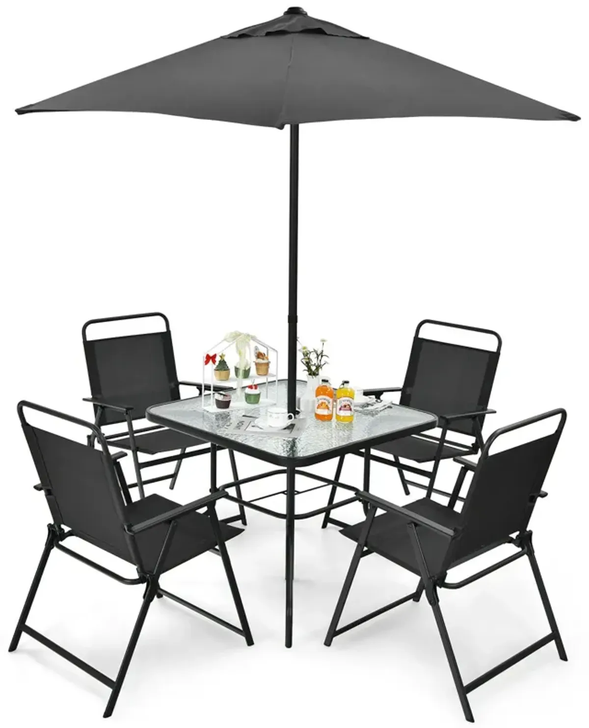 6 Pieces Patio Dining Set with Umbrella-Gray