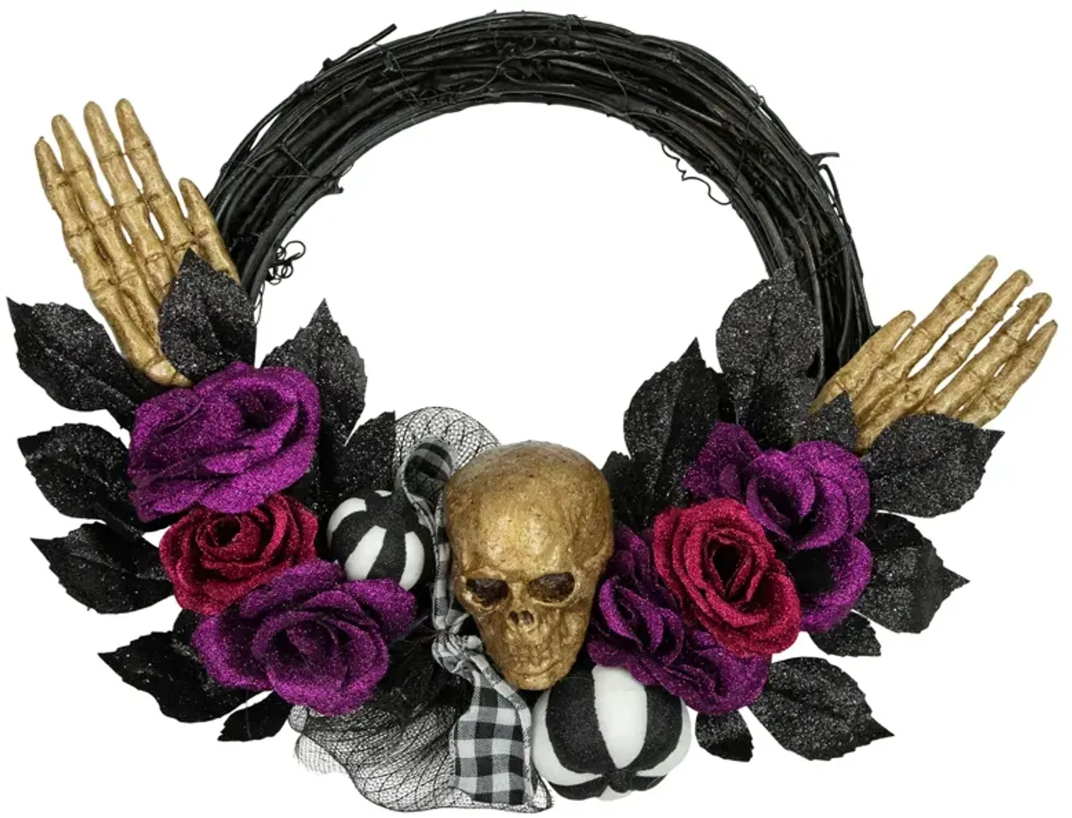 Skull with Hands and Purple Roses Halloween Twig Wreath  22-Inch  Unlit