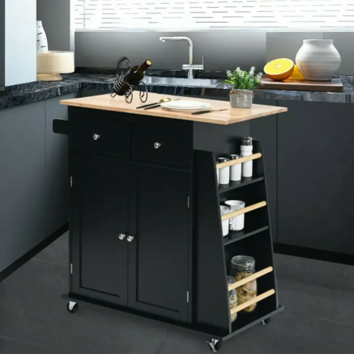 Rubber Wood Countertop Rolling Kitchen Island Cart