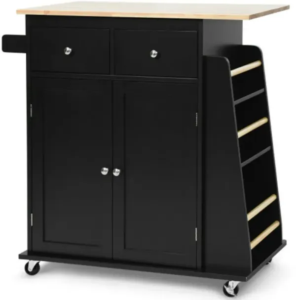 Rubber Wood Countertop Rolling Kitchen Island Cart