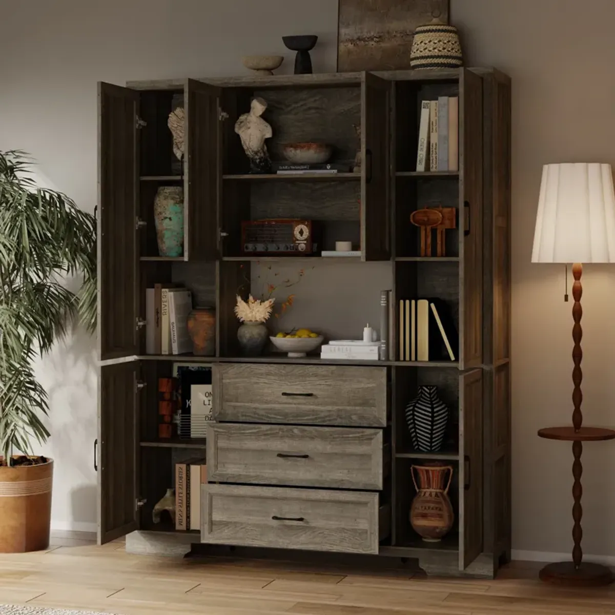 FUFU&GAGA Modern Dark Wood Bookshelf – 6 Doors, 3 Drawers & Open Shelf, Spacious P2-Grade MDF Storage Cabinet (63" W x 15.7" D x 78.7" H), Dark Wood