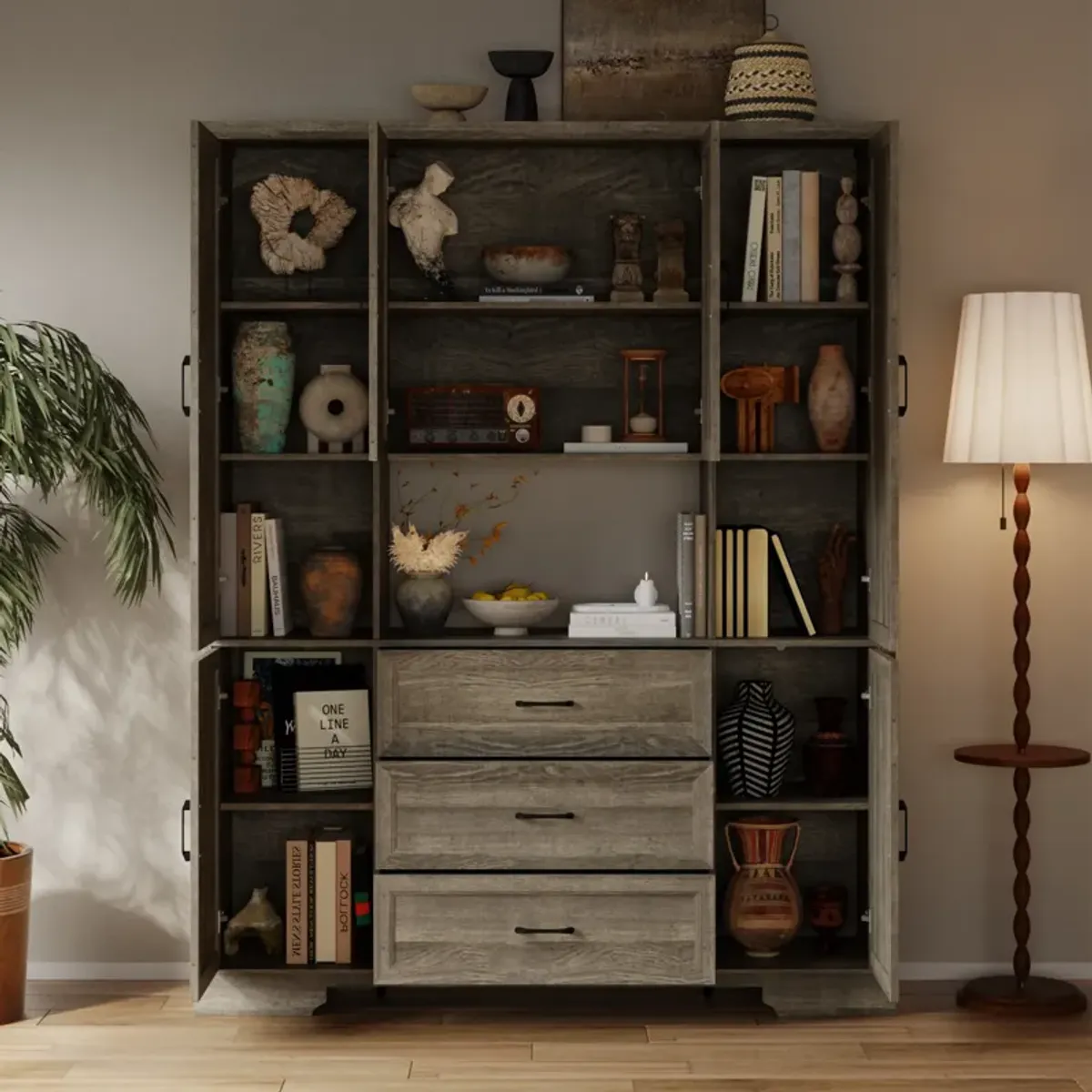 FUFU&GAGA Modern Dark Wood Bookshelf – 6 Doors, 3 Drawers & Open Shelf, Spacious P2-Grade MDF Storage Cabinet (63" W x 15.7" D x 78.7" H), Dark Wood