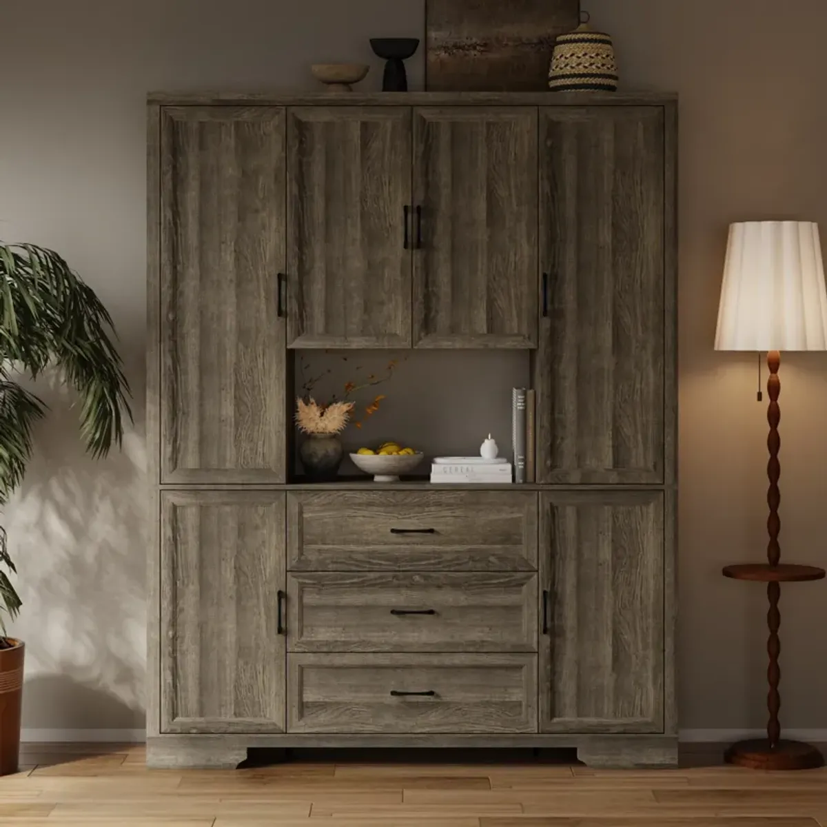 FUFU&GAGA Modern Dark Wood Bookshelf – 6 Doors, 3 Drawers & Open Shelf, Spacious P2-Grade MDF Storage Cabinet (63" W x 15.7" D x 78.7" H), Dark Wood