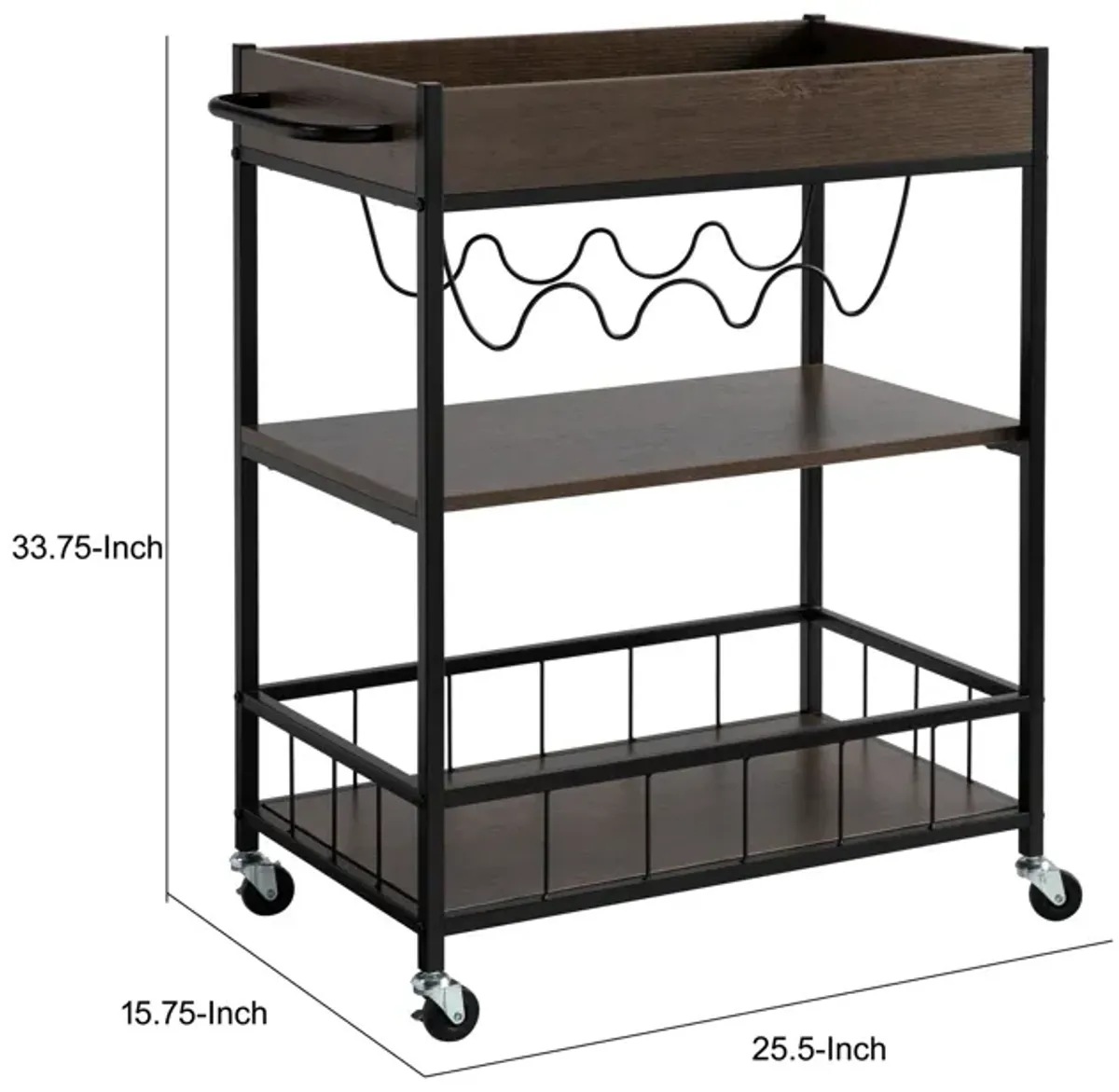 Kelcy 34 Inch Modern Kitchen Bar Cart, 3 Shelves, Wine Rack, Wheels, Brown-Benzara