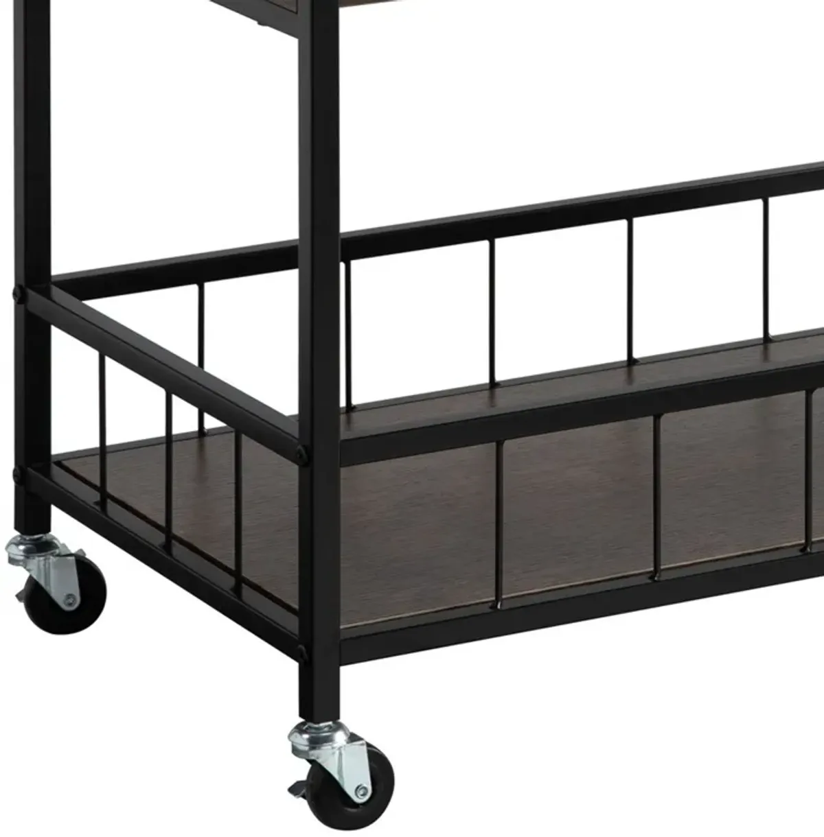 Kelcy 34 Inch Modern Kitchen Bar Cart, 3 Shelves, Wine Rack, Wheels, Brown-Benzara