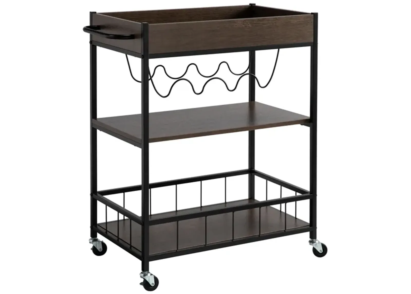 Kelcy 34 Inch Modern Kitchen Bar Cart, 3 Shelves, Wine Rack, Wheels, Brown-Benzara