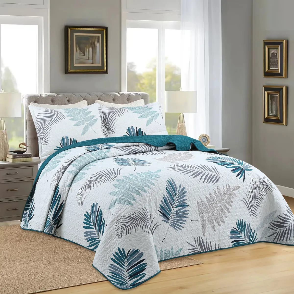 Marcielo 3 Piece Printed Leaf Quilt Set Lightweight Coverlets Set