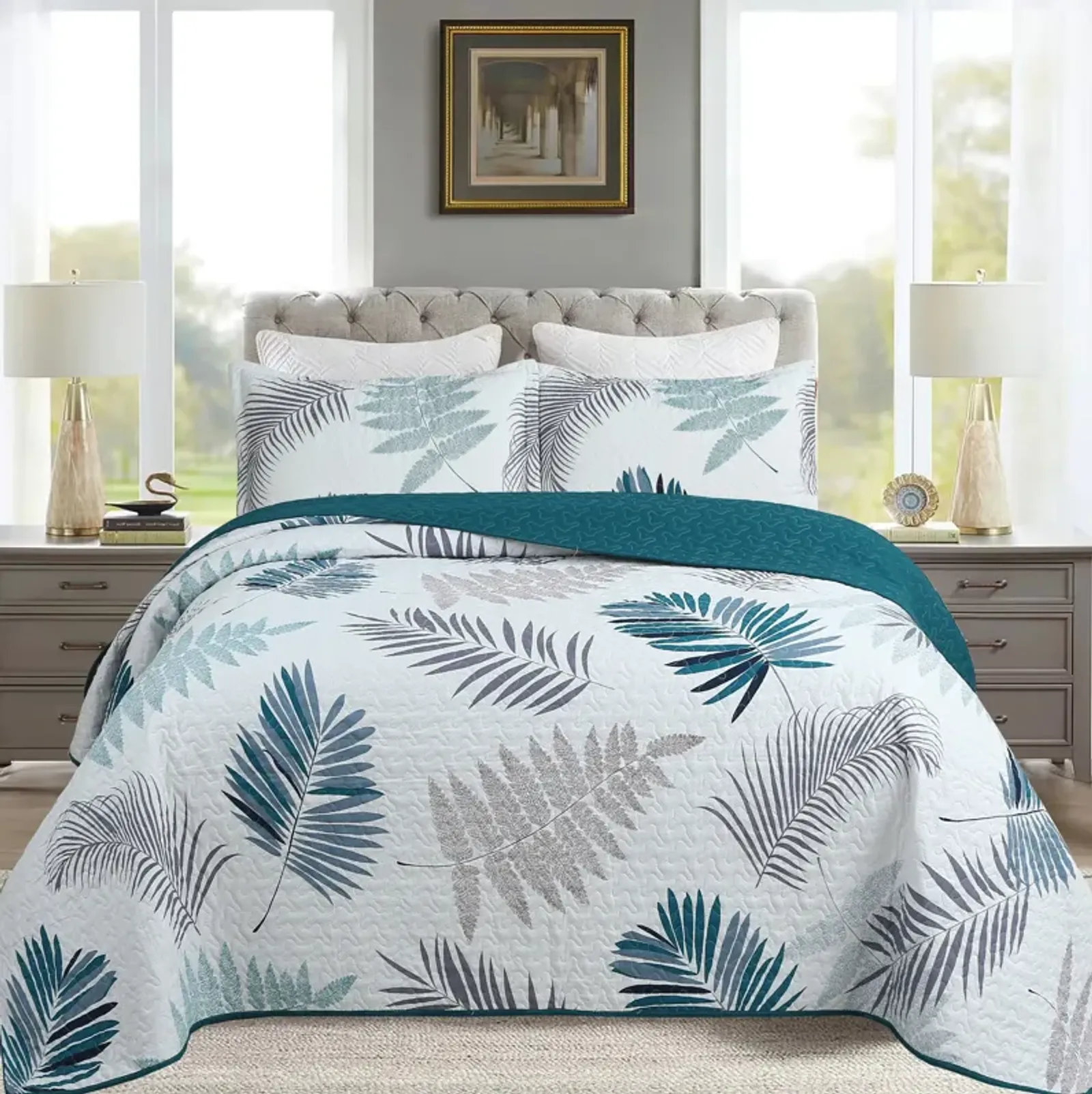 Marcielo 3 Piece Printed Leaf Quilt Set Lightweight Coverlets Set