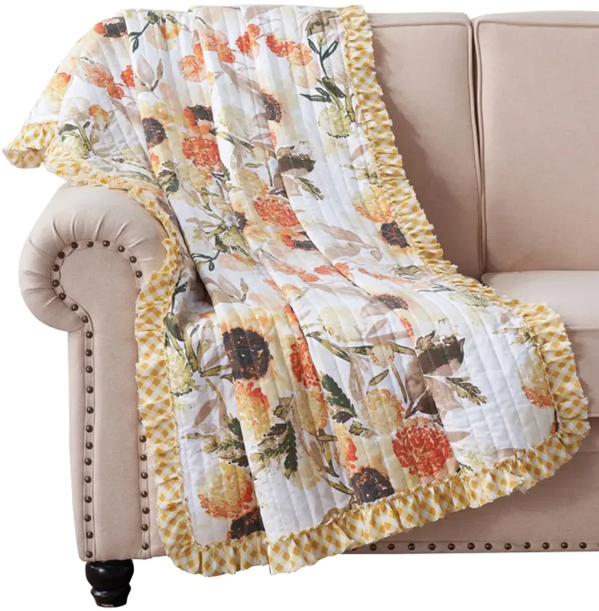 Kelsa 50 x 60 Channel Quilted Throw Blanket, Cotton Fill, Gold Sunflowers-Benzara