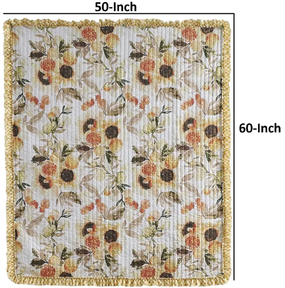 Kelsa 50 x 60 Channel Quilted Throw Blanket, Cotton Fill, Gold Sunflowers-Benzara