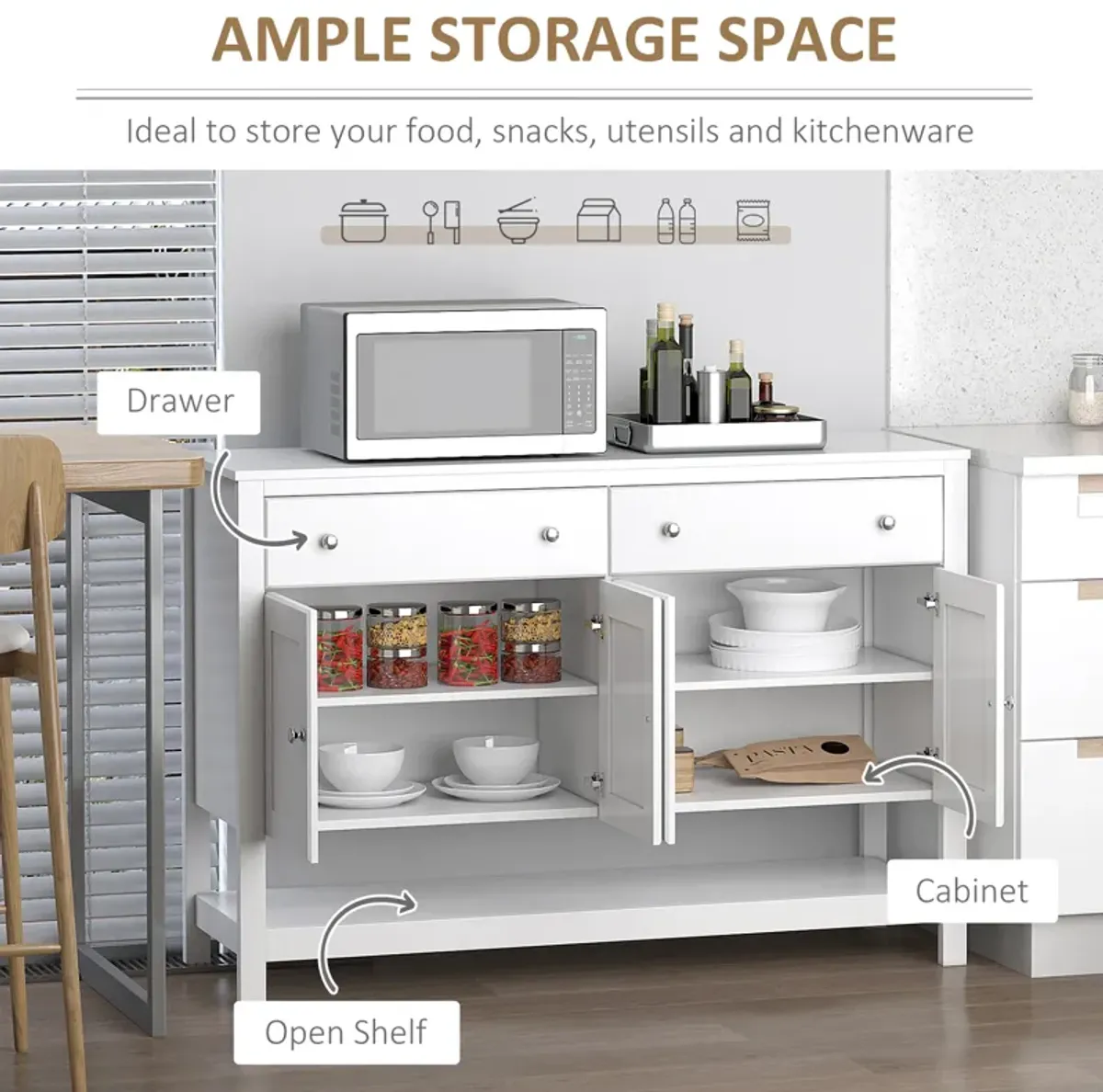 HOMCOM 47" Coffee Bar Cabinet, Sideboard Buffet Cabinet, Accent Kitchen Cabinet with Adjustable Shelves and Drawers for Living Room, White