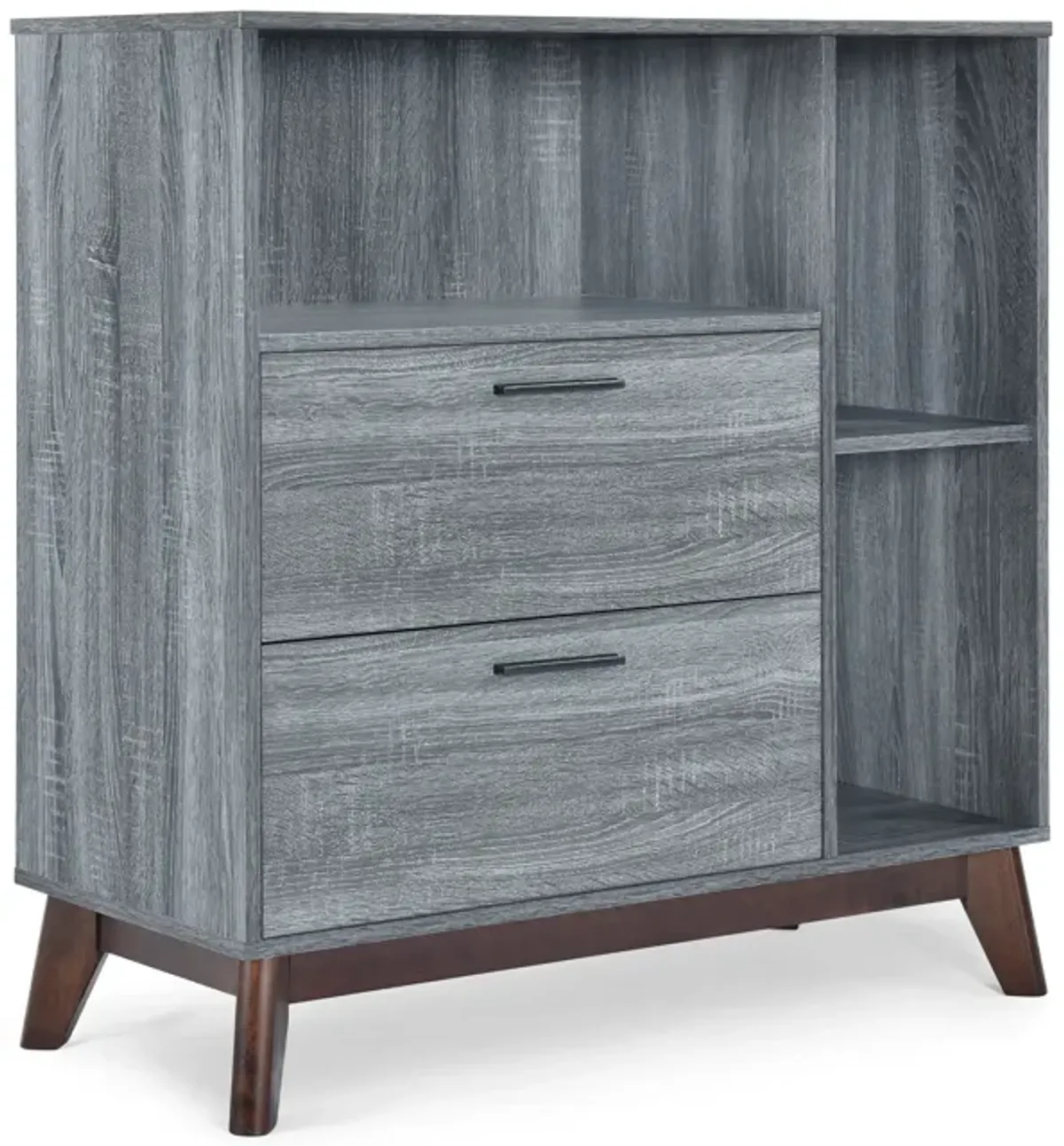 Side Cabinet, Open Square Shelves, 2 Drawer, 38 Inch Gray Faux Wood - Benzara