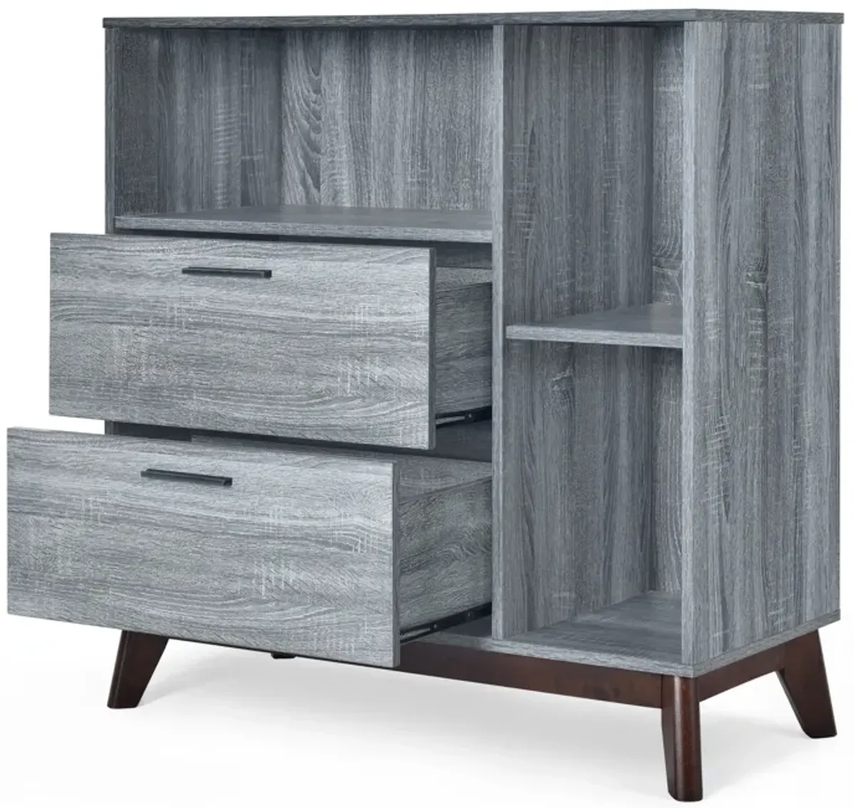 Side Cabinet, Open Square Shelves, 2 Drawer, 38 Inch Gray Faux Wood - Benzara