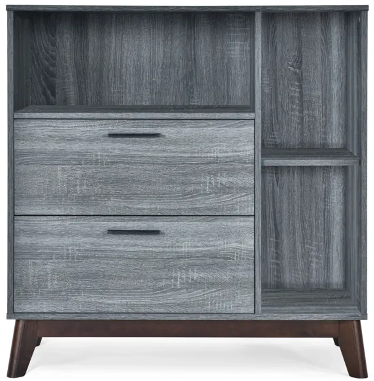 Side Cabinet, Open Square Shelves, 2 Drawer, 38 Inch Gray Faux Wood - Benzara