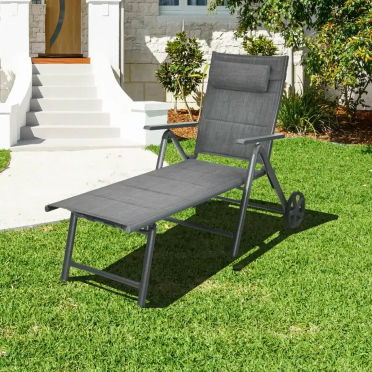 Hivvago Patio Reclining Chaise Lounge with Adjust Neck Pillow-Gray