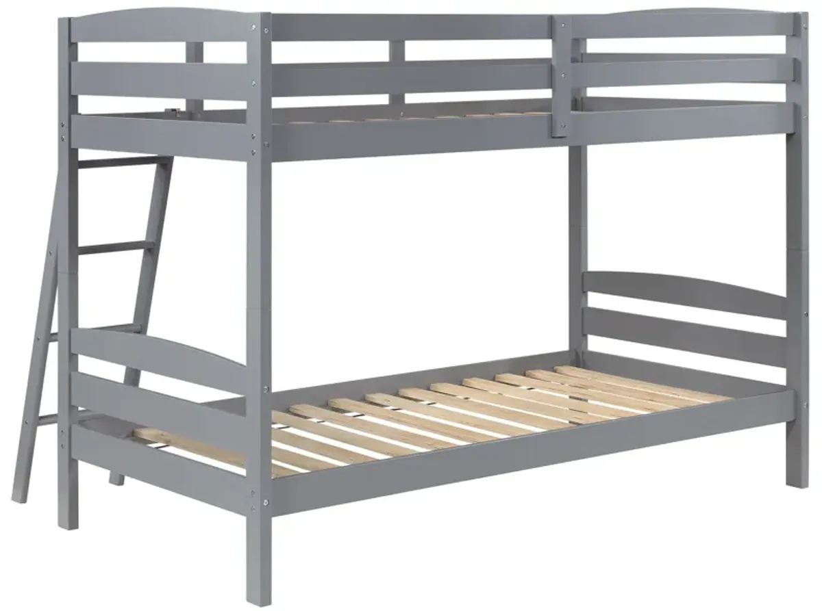 Diana Twin Over Twin Bunk Bed, Safety Rails, Slanted Ladder, Gray Wood - Benzara