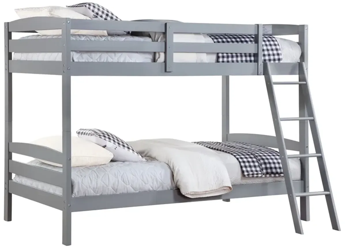 Diana Twin Over Twin Bunk Bed, Safety Rails, Slanted Ladder, Gray Wood - Benzara