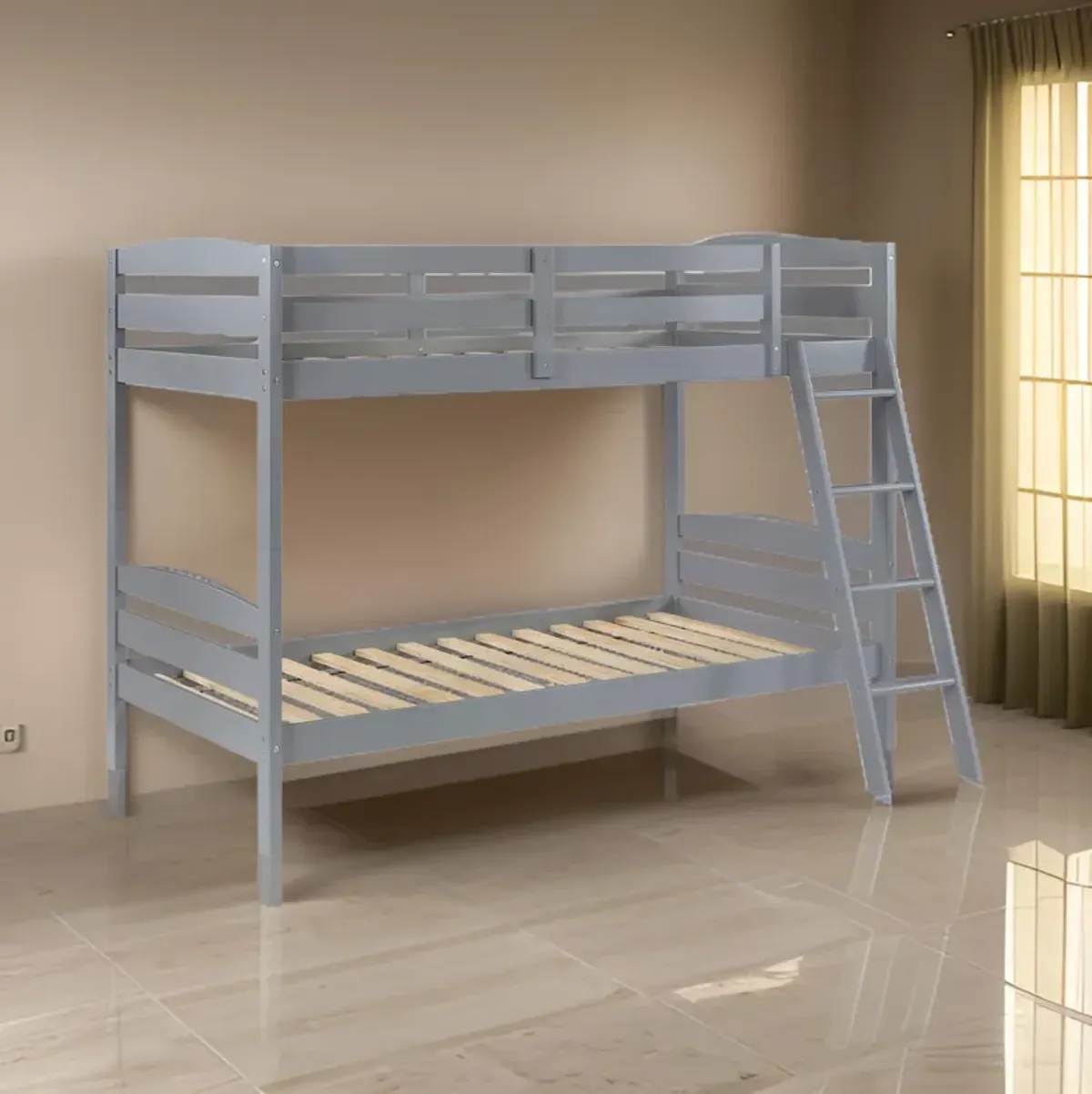 Diana Twin Over Twin Bunk Bed, Safety Rails, Slanted Ladder, Gray Wood - Benzara