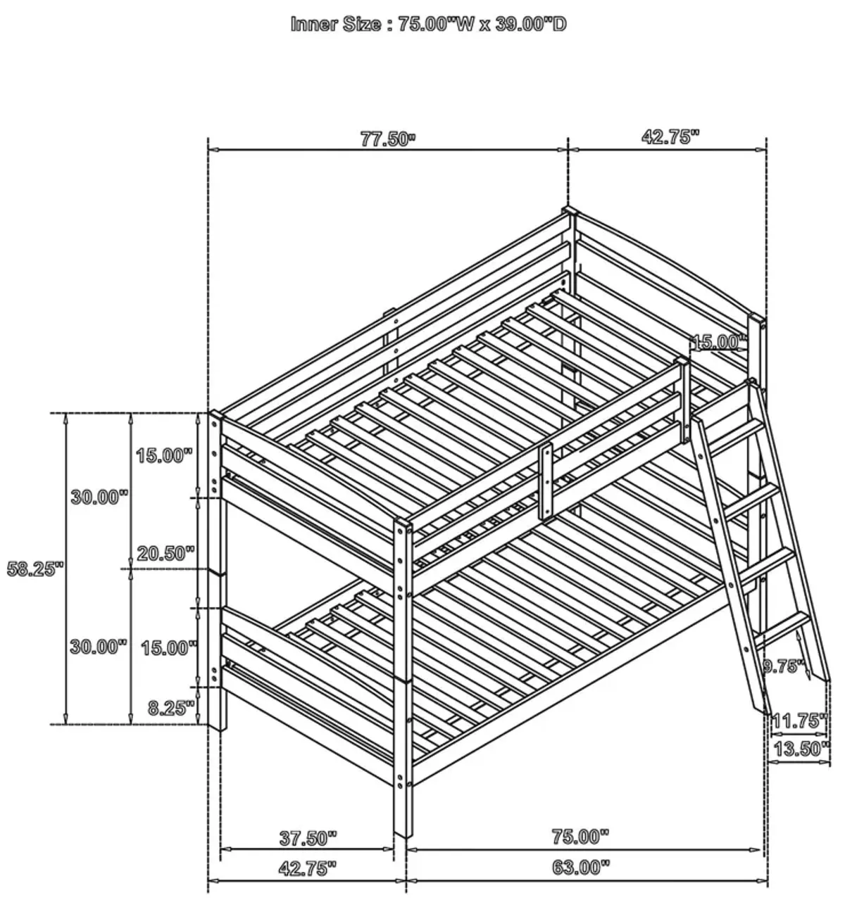 Diana Twin Over Twin Bunk Bed, Safety Rails, Slanted Ladder, Gray Wood - Benzara