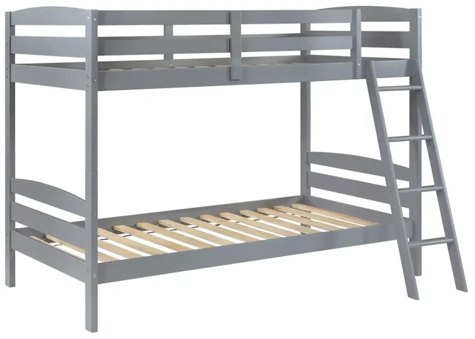 Diana Twin Over Twin Bunk Bed, Safety Rails, Slanted Ladder, Gray Wood - Benzara