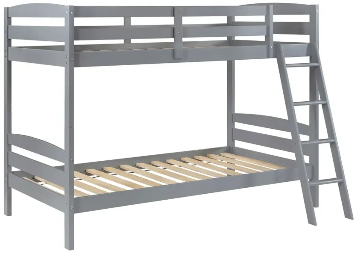 Diana Twin Over Twin Bunk Bed, Safety Rails, Slanted Ladder, Gray Wood - Benzara