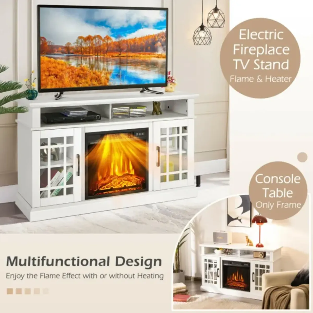 Hivvago 48 Inch Electric Fireplace TV Stand with Cabinets for TVs Up to 55 Inch