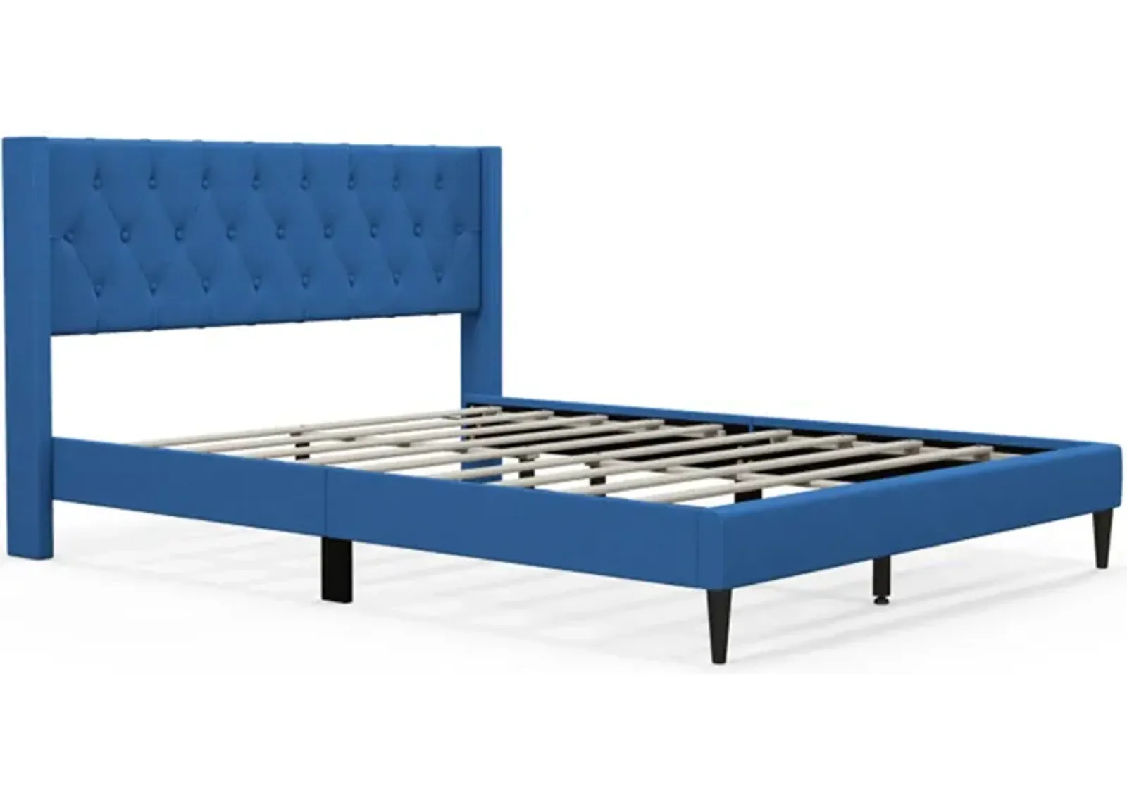 Queen Size Upholstered Platform Bed with Button Tufted Wingback Headboard-Blue