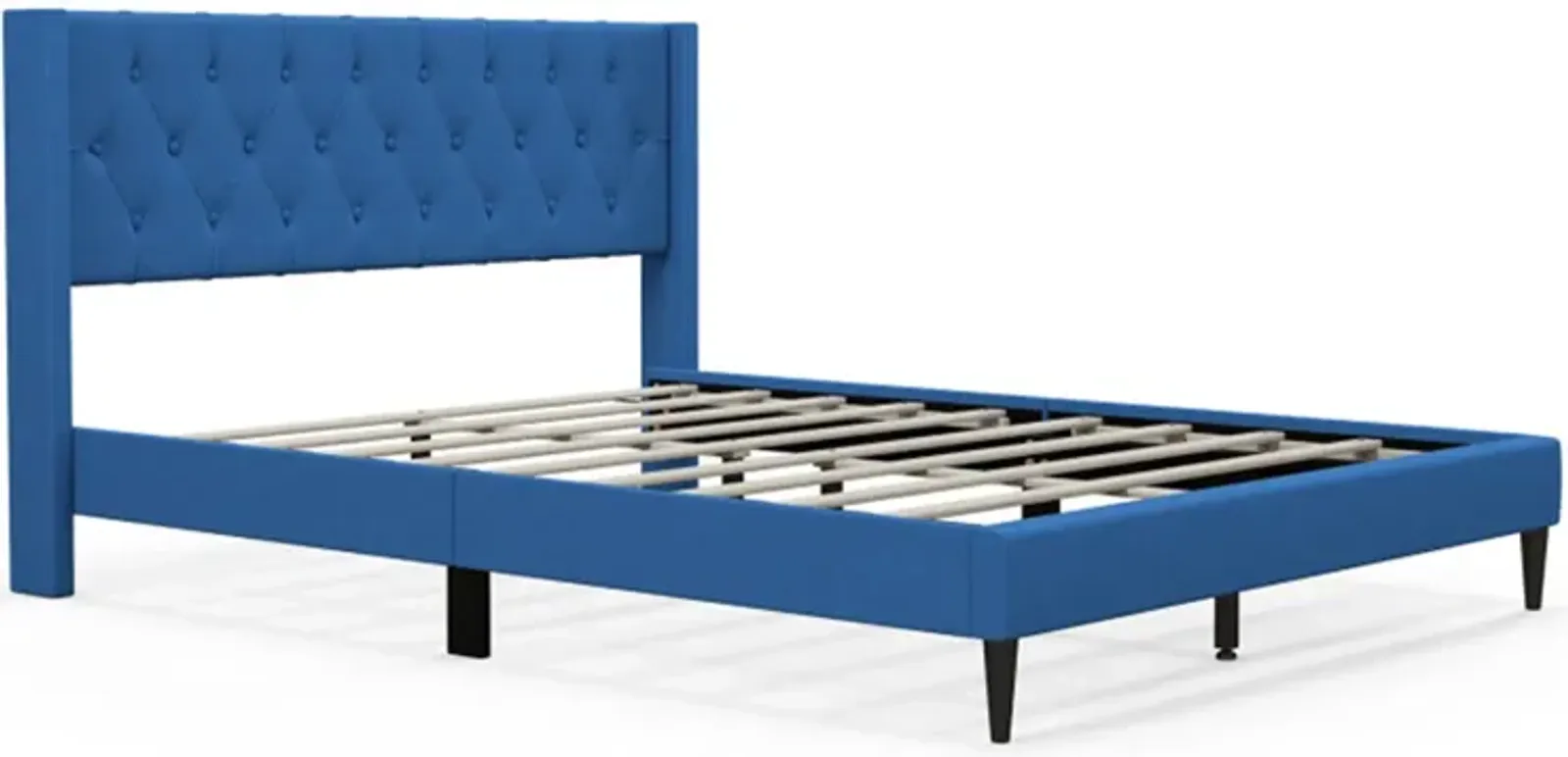 Queen Size Upholstered Platform Bed with Button Tufted Wingback Headboard-Blue