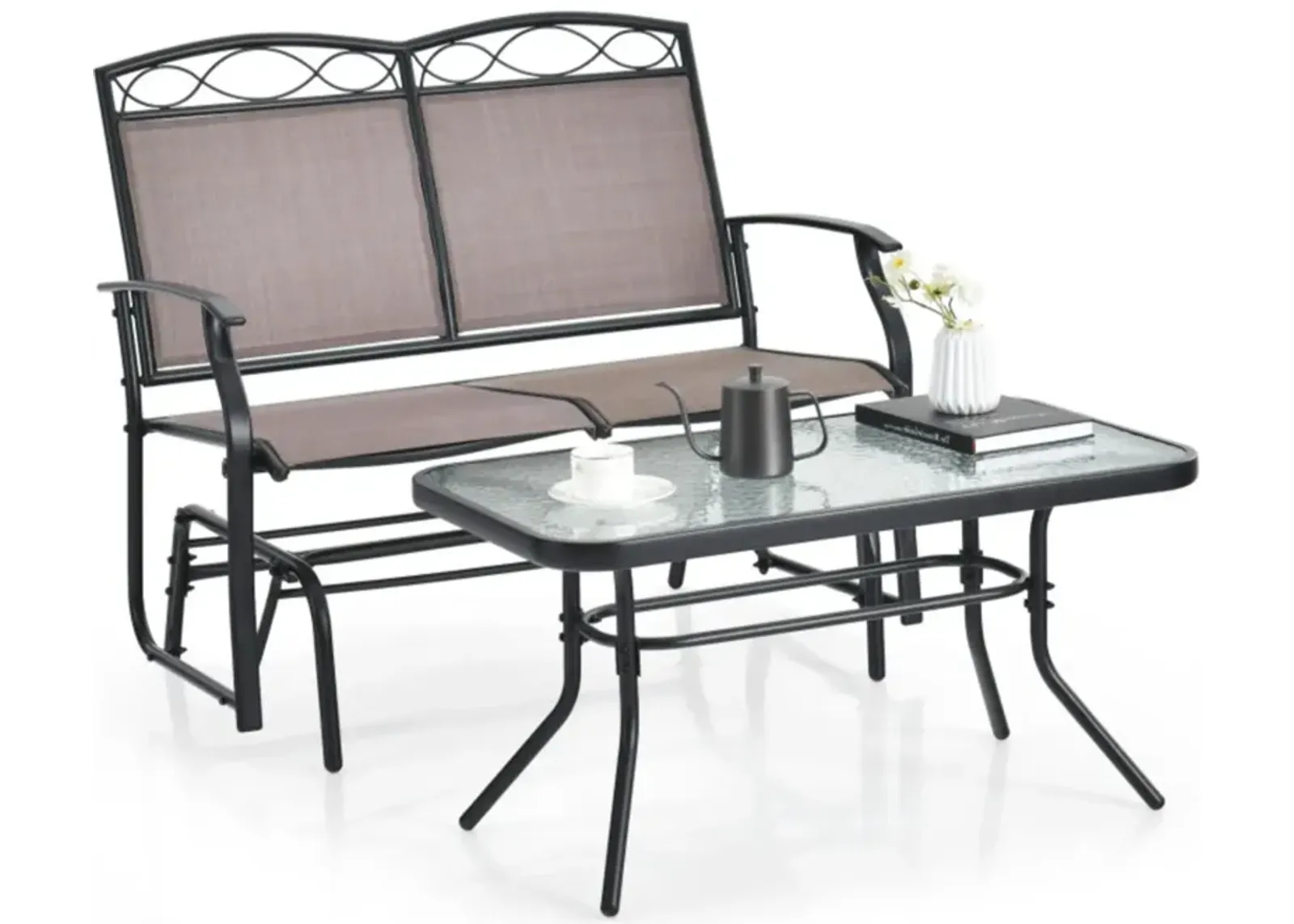 Hivvago Outdoor Gliding Loveseat Chair with Tempered Glass Coffee Table-2 Pieces