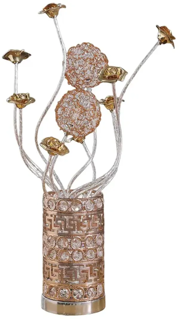 Table Lamp, Rose Bud Floral Vase, Cage Textured Gold Chrome 22 Inch  - Benzara