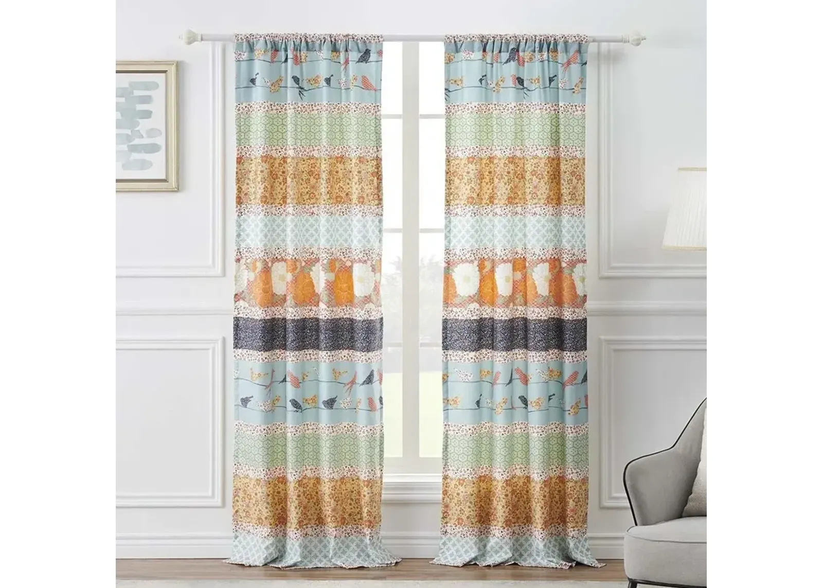 Barefoot Bungalow Carlie High Quality Light Filtering Window Panel Pair - Each 42"x84" Calico Stripe